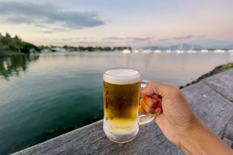 Enjoying a draft Fiji beer at Bonefish Seafood Restaurant.