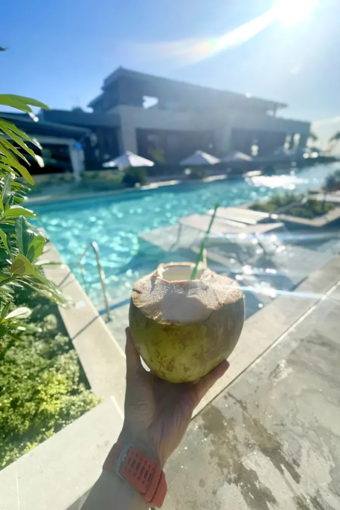 Loaded coconut by Crowne Plaza Fiji's main swimming pool.